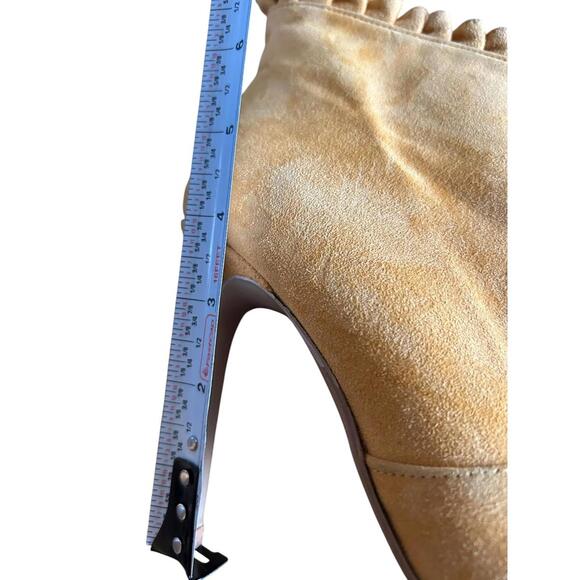 Mustard Suede Ruffle Trim Ankle Boots 4" Heel Size 36 Made in Lebanon - Picture 9 of 11